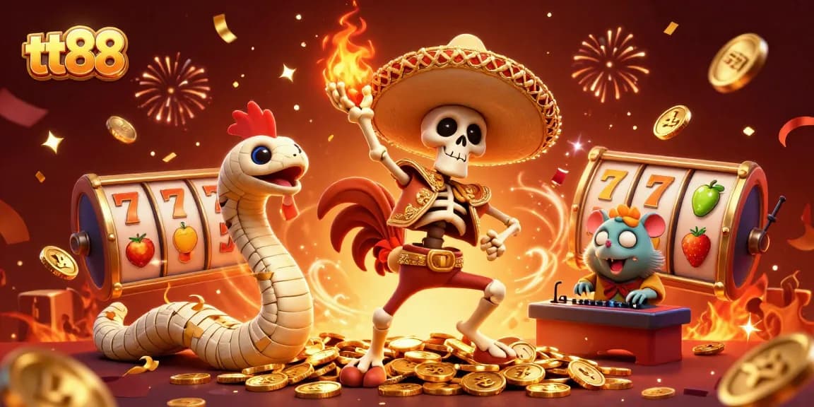 Experience the excitement of tt88 as the mariachi rooster celebrates amid slot reels and gold coins.