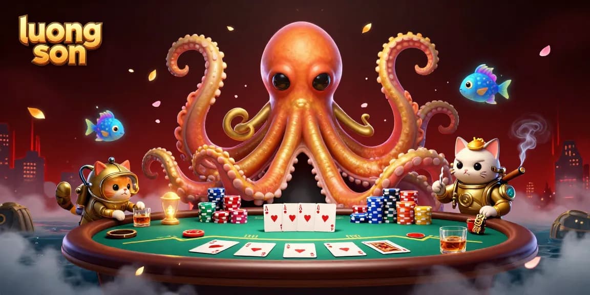 luong son showcases a vibrant 3D cartoon scene featuring a kraken and diving cat amidst poker elements, illuminating the gambling experience
