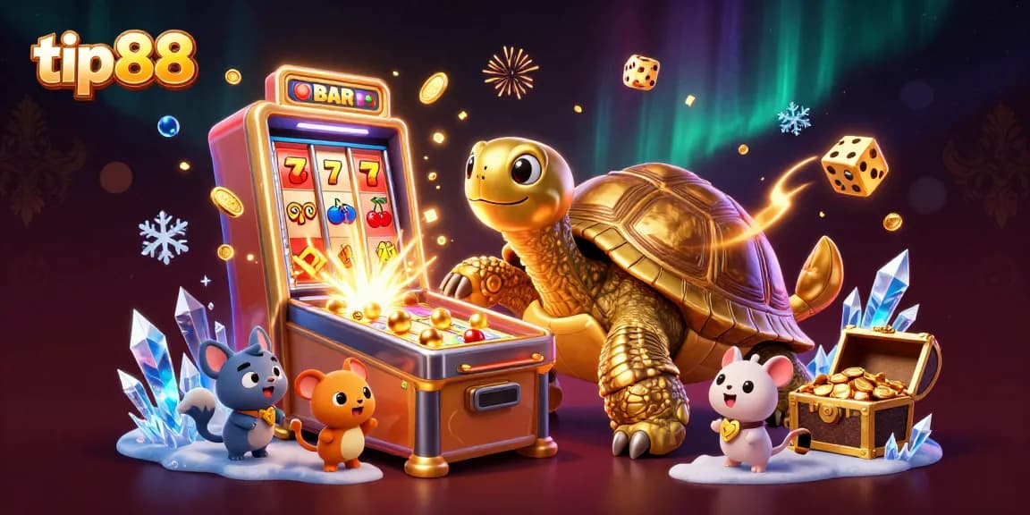 Experience thrilling gameplay with tip88's golden tortoise pinball machine surrounded by vibrant casino elements.