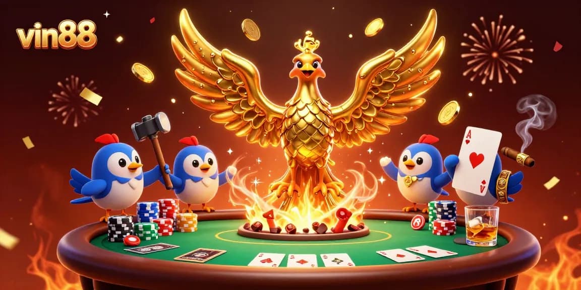 vin88 showcases a molten metal phoenix surrounded by an exciting poker scene, symbolizing online gambling