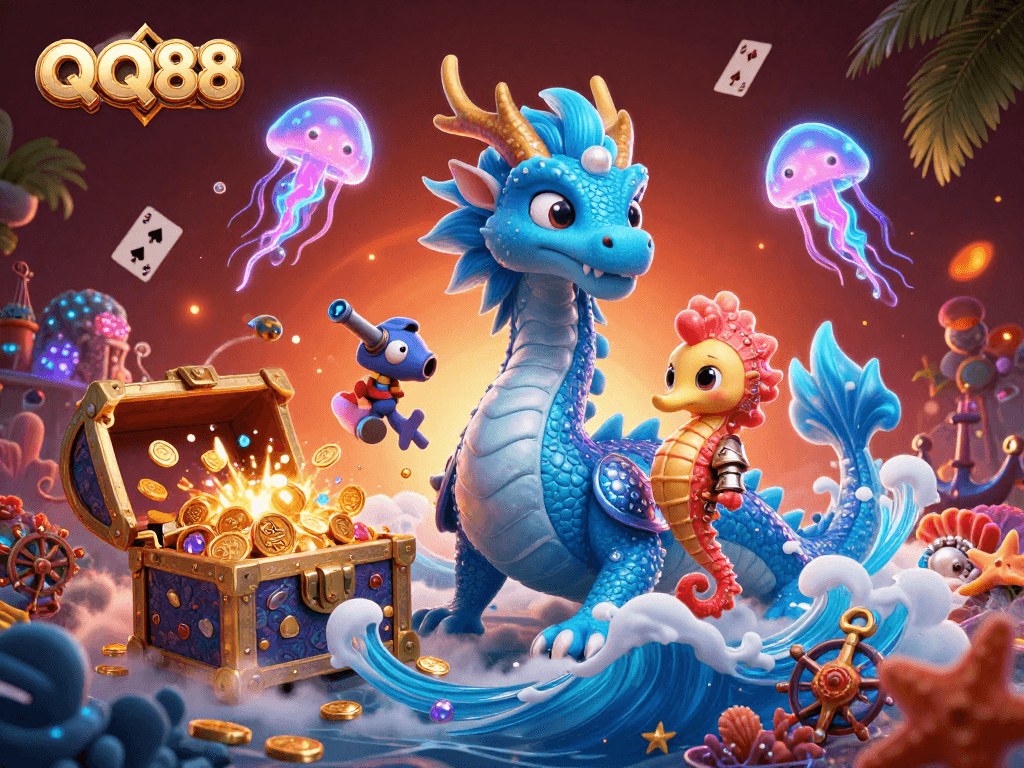 Experience the thrilling adventures of QQ88 with a vibrant underwater casino scene featuring a mystical water dragon and coral knight.