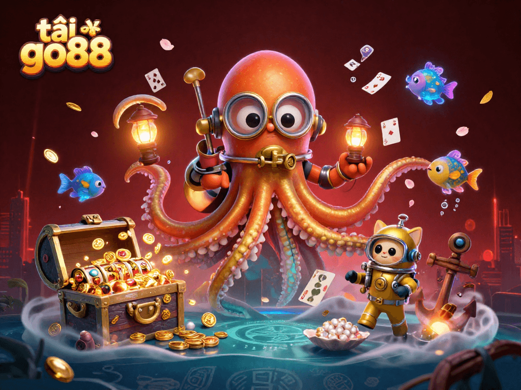 Engage in exciting gameplay with tải go88, featuring a kraken, diving cat, and shimmering treasures.