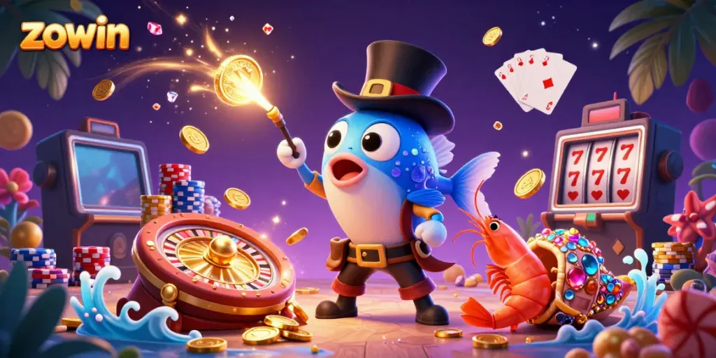 Zowin's vibrant casino scene with anglerfish, shrimp, and snail surrounded by golden coins and gaming elements