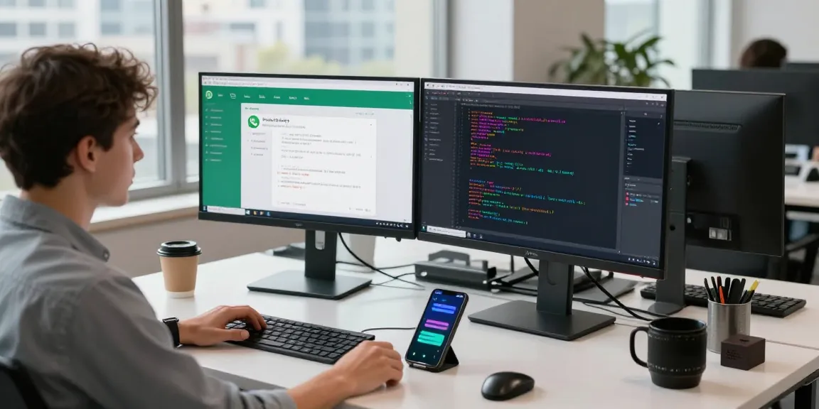 Young professional coding WhatsApp下載 interface at modern tech workspace.