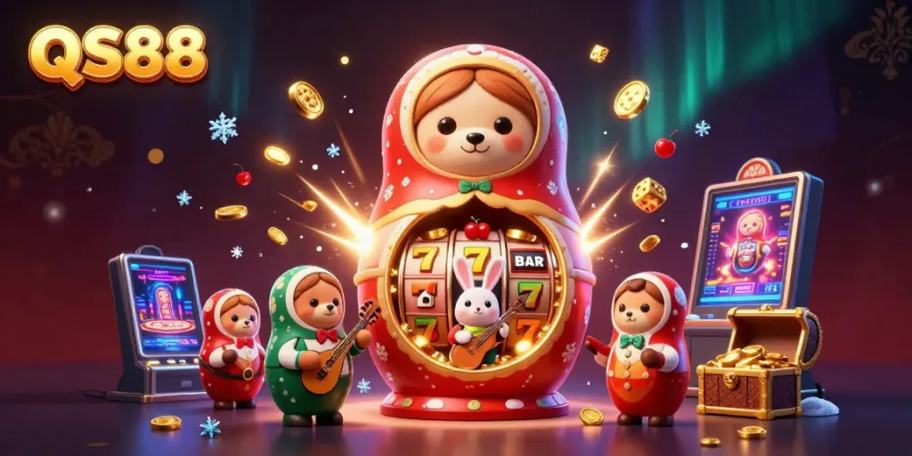 Engage with QS88's thrilling casino experience featuring a Matryoshka bear and vivid slot games.