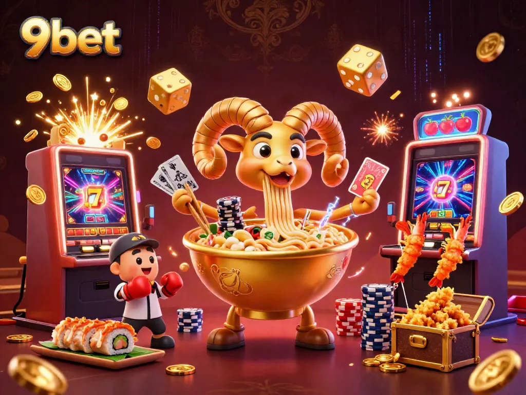 Engage with the vibrant scene of 9bet, featuring tournament-ready casino characters amidst a jackpot explosion.