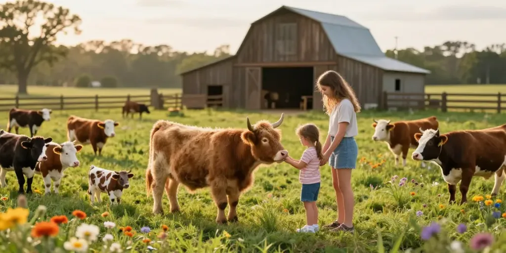 Engaging scene of family with miniature cows for sale at a farm in Florida.