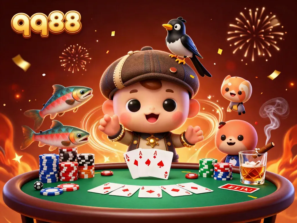 Experience the excitement of qq88 with a playful Nessie at a vibrant poker table, celebrating wins.