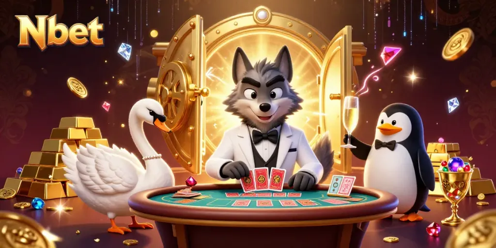 N bet showcases a debonair wolf, elegant swan, and penguin sommelier at a thrilling baccarat scene.