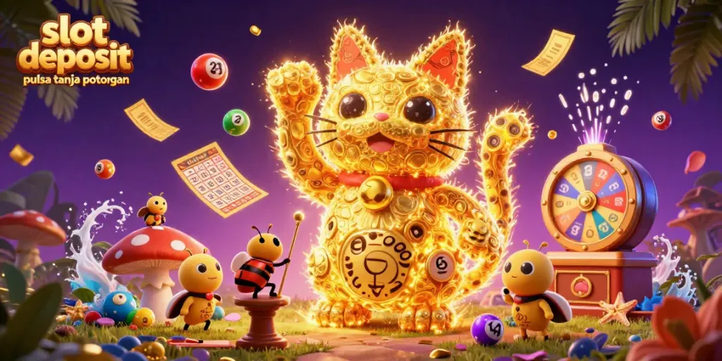 Experience "slot deposit pulsa tanpa potongan" in vibrant action, featuring dynamic casino symbols and joyful characters.