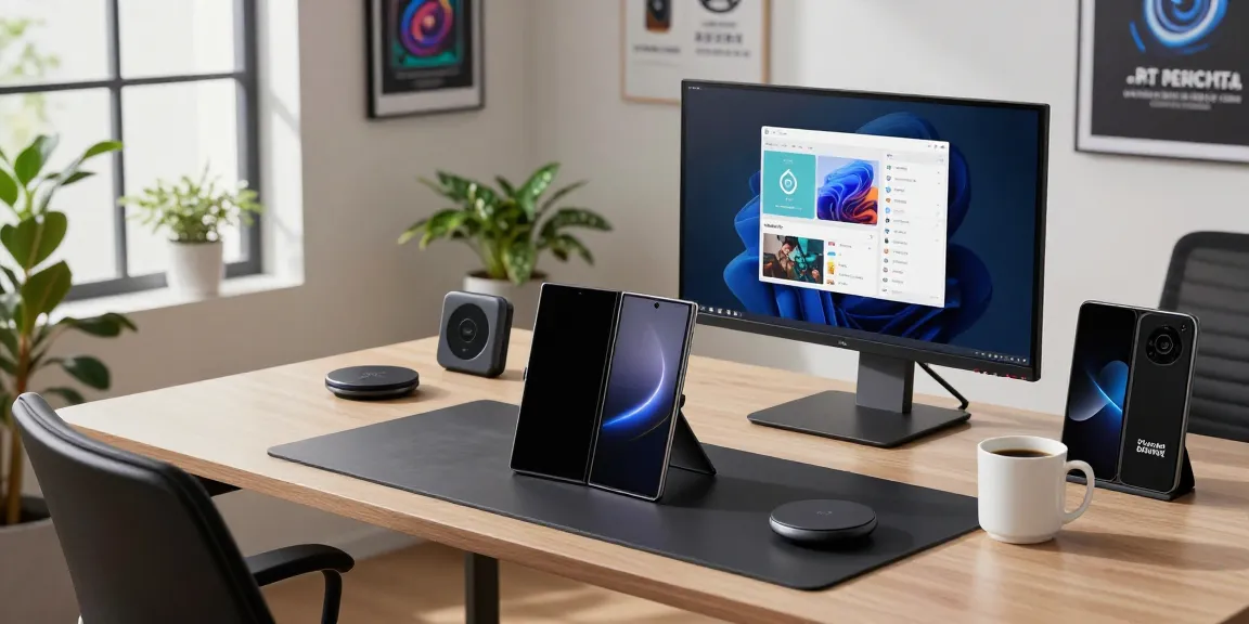 Professional at a tech workspace with Samsung Galaxy Z TriFold showcasing multi-display features and modern accessories.