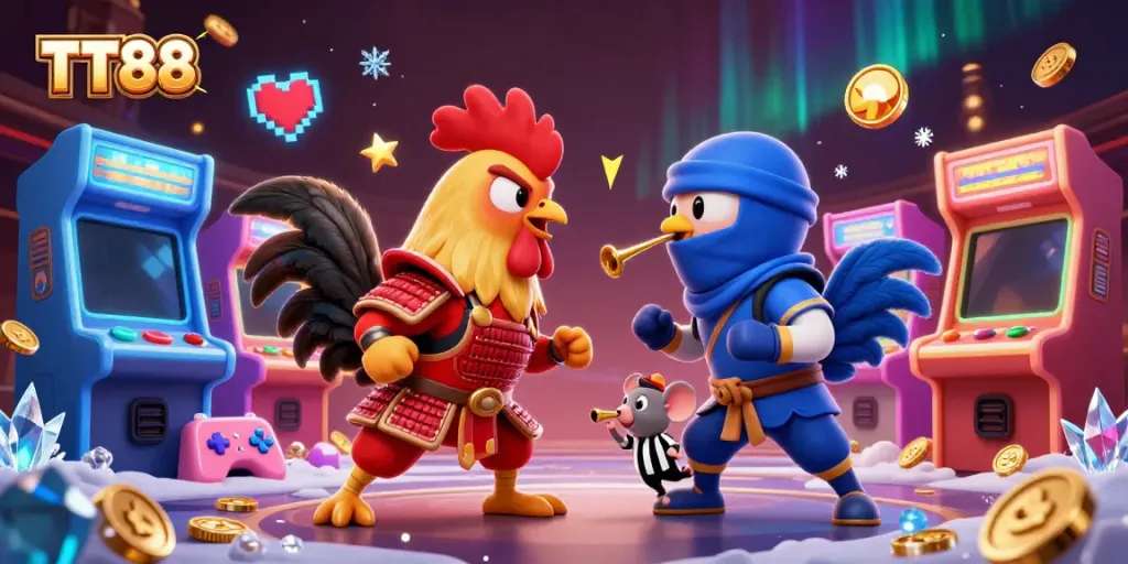 Engage with TT88's dynamic games featuring stylish rooster mascots in vibrant casino scene.