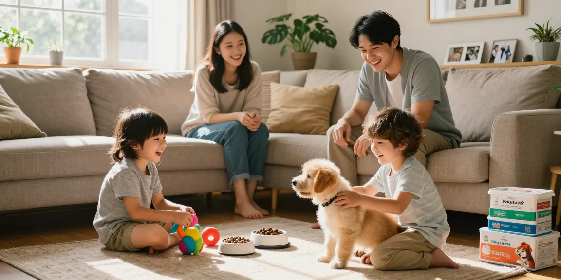 Experience the cost of having a dog with a joyful family welcoming their new puppy at home