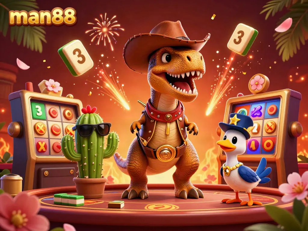 Experience the excitement of man88 with a playful 3D dinosaur T-Rex and friends in a vibrant casino setting.