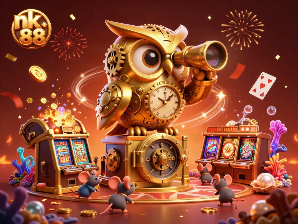 Experience the thrill of nk 88 as the golden owl overlooks a vibrant casino scene with celebratory elements.
