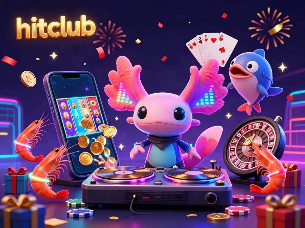 Experience hitclub excitement with a vibrant 3D scene showcasing a neon-colored DJ, underwater-themed characters, and colorful gambling elements.