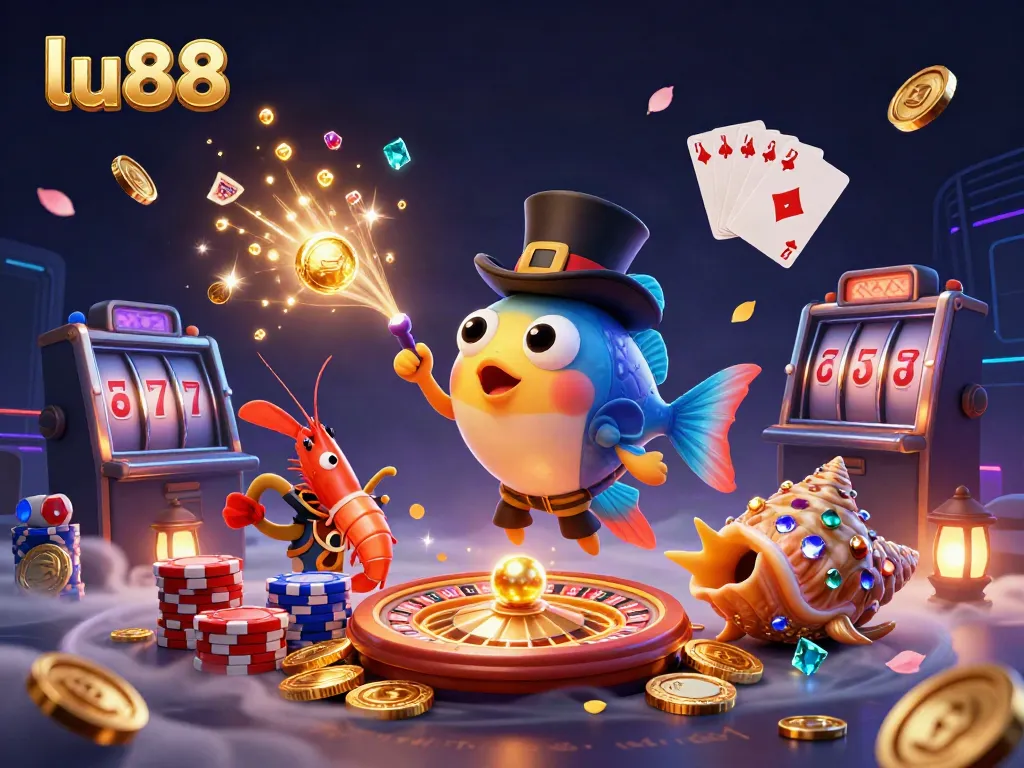 Experience luck at LU88 with a 3D anglerfish luring golden coins amid vibrant casino elements.