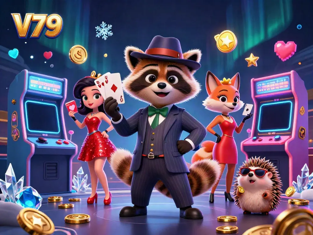 Experience V79 with a smooth raccoon showcasing a royal flush in a vibrant casino scene.