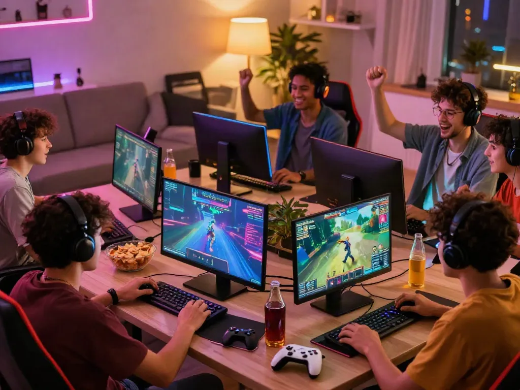 Online gaming experience showcasing friends enjoying TX88 gaming platform with excitement and camaraderie.