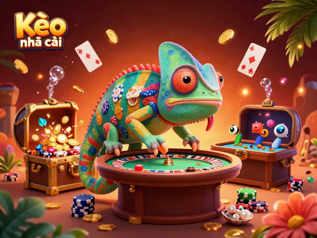 Experience thrilling Kèo nhà cái moments with vibrant, animated chameleon and casino elements.