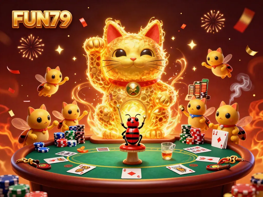 Engage with FUN79 and experience the vibrant casino atmosphere featuring a lucky cat made of fireflies.