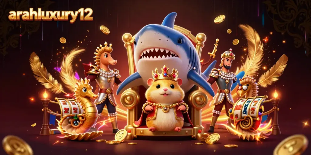 Experience thrilling wins with arahluxury12’s vibrant golden hamster king surrounded by slot reels and treasures.