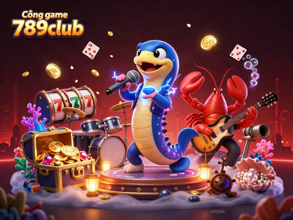 Cổng game 789club showcases an electrifying underwater casino scene with a DJ eel, lobster drummer, and seahorse guitarist.