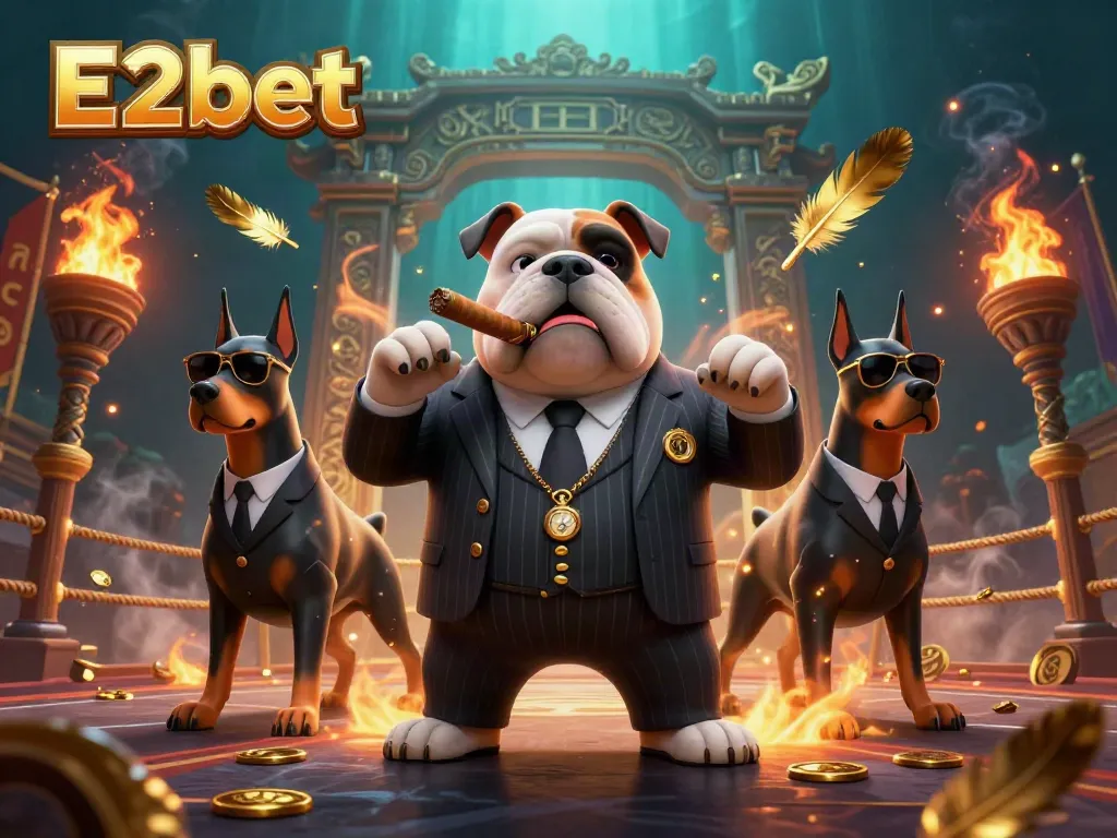 Experience thrilling gaming with E2bet's vibrant 3D mafia-themed illustration showcasing excitement and dynamics.
