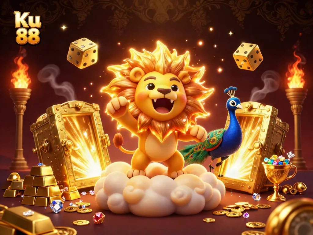 Win big with Ku 88 in an exhilarating 3D casino scene filled with golden treasures and vibrant action!