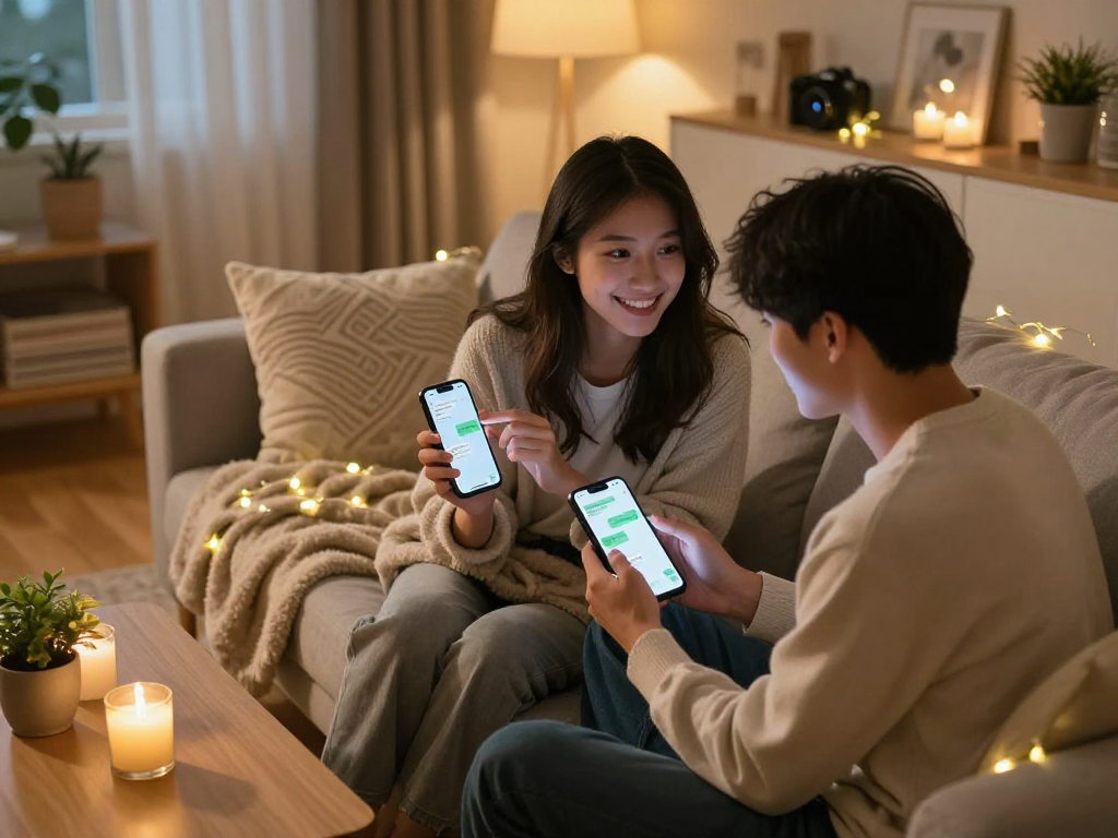 Couple engaging in AI-driven sex chat on mobile devices in a cozy living room.