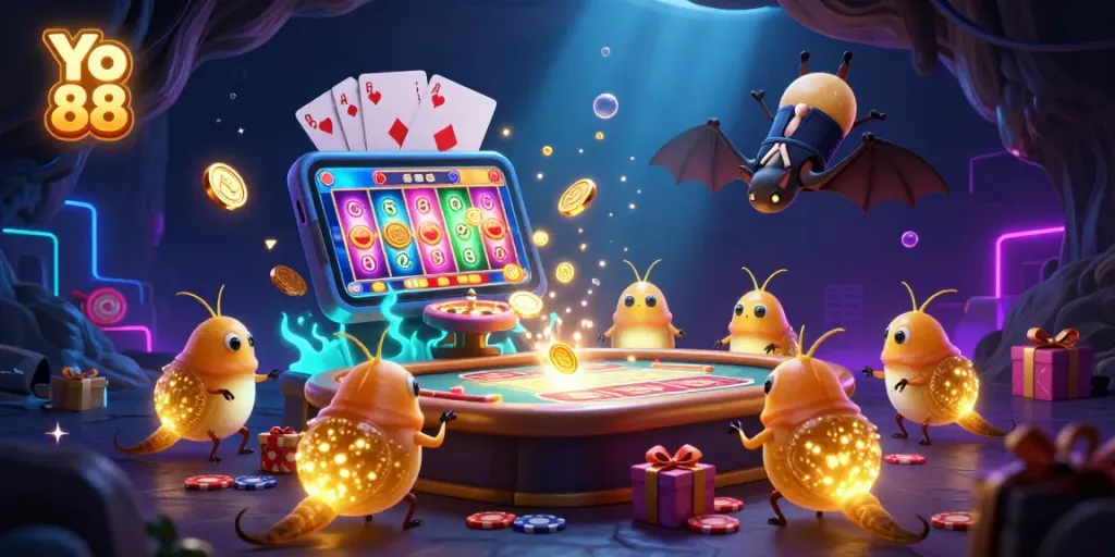 Experience thrilling gameplay at Yo 88 with vibrant glowworms in a cave casino, lighting up exciting gambling action.