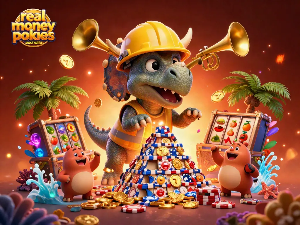 Experience real money pokies Australia with vibrant slot reels and celebrating cartoon dinosaurs.