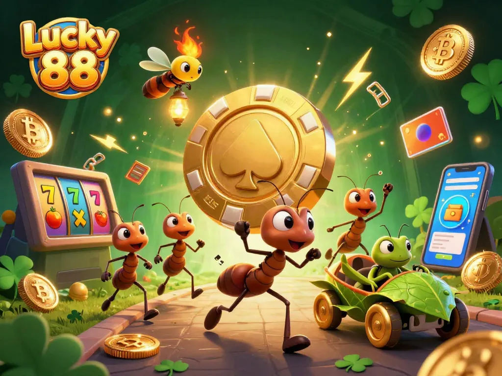 Engage with the vibrant world of Lucky 88 as ants carry a colossal poker chip in a 3D heist scene.