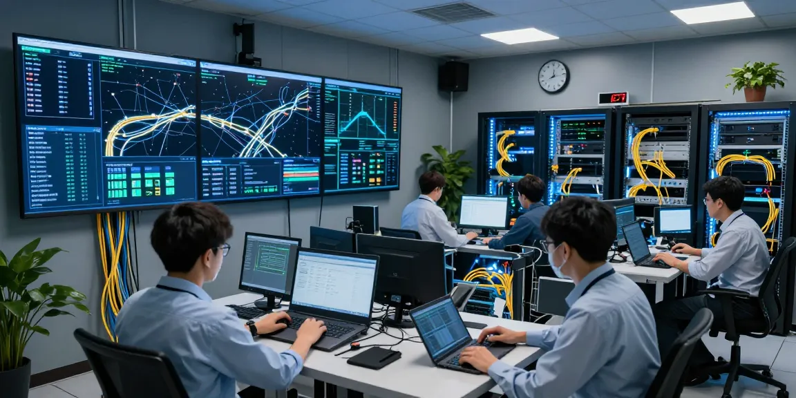 Network operations team analyzing fiber optic fiber connectivity in a high-tech data center.