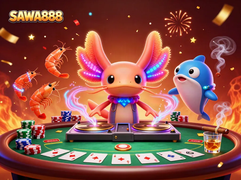 Spin winning hands at SAWA888 with vibrant 3D casino-themed illustration featuring popular card games.