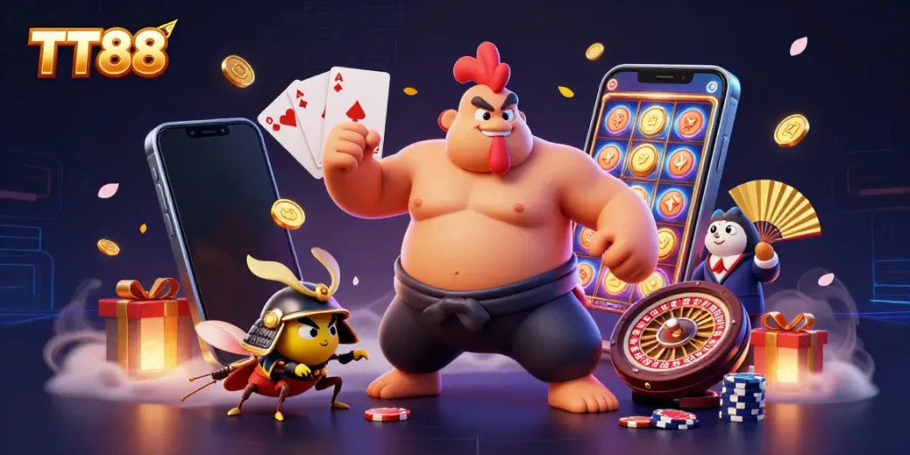 Engage with TT88's dynamic casino world featuring a powerful sumo wrestler, a fierce cricket, and a tanuki announcer.