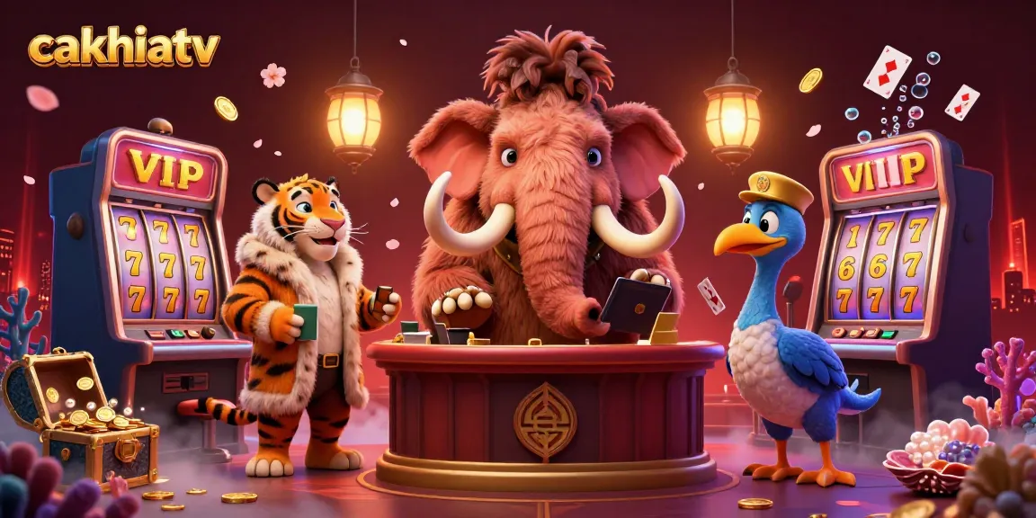 Experience exciting gambling with cakhiatv featuring a whimsical woolly mammoth bouncer and vibrant casino elements.