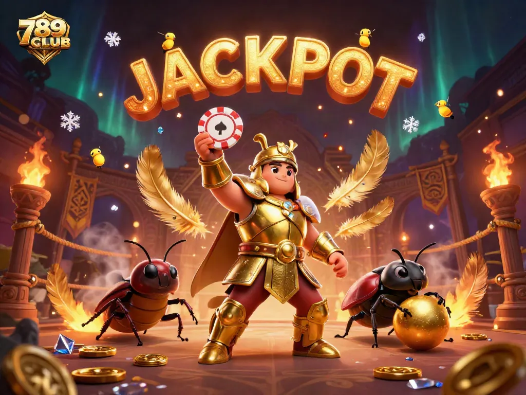 789CLUB celebrates a big win with a cartoon beetle hero lifting poker chips in a vibrant casino scene.