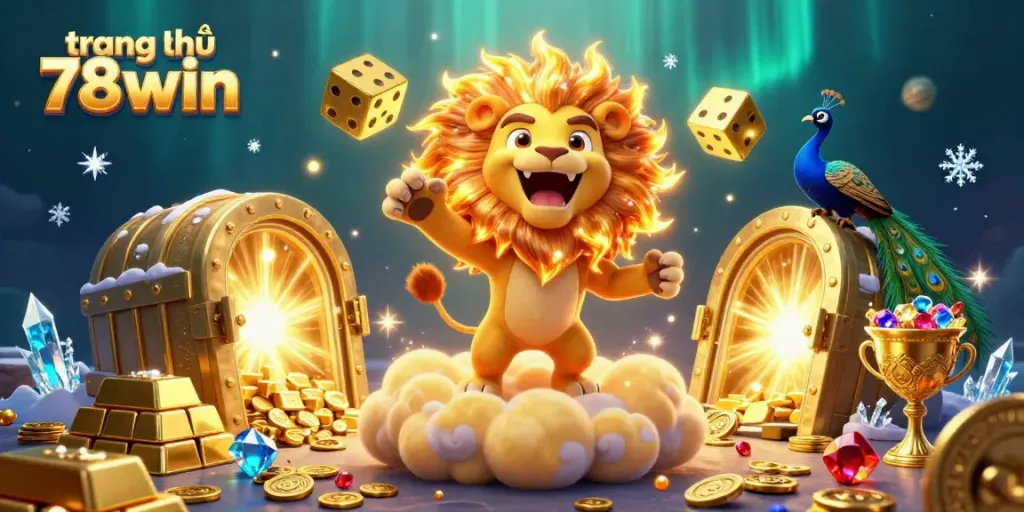 A vibrant 3D rendering featuring the sun lion and golden dice, showcasing the diverse gaming offerings at trang chủ 78win.