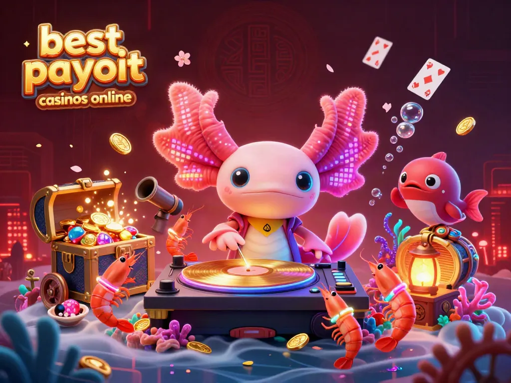 A colorful illustration of the best payout casinos online featuring a neon axolotl DJ and dancing shrimp.