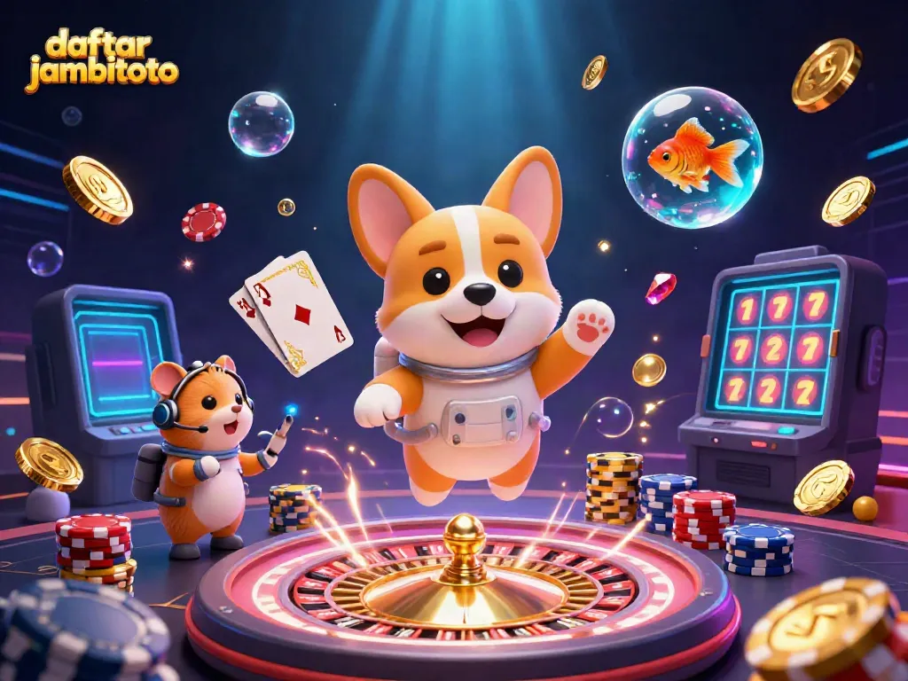 Engage with daftar jambitoto in a colorful casino scene featuring cartoon characters and vibrant game elements.