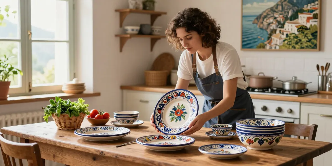 Beautiful display of Italian Ceramics in a warm kitchen setting, showcasing colorful Deruta pieces and fresh ingredients.