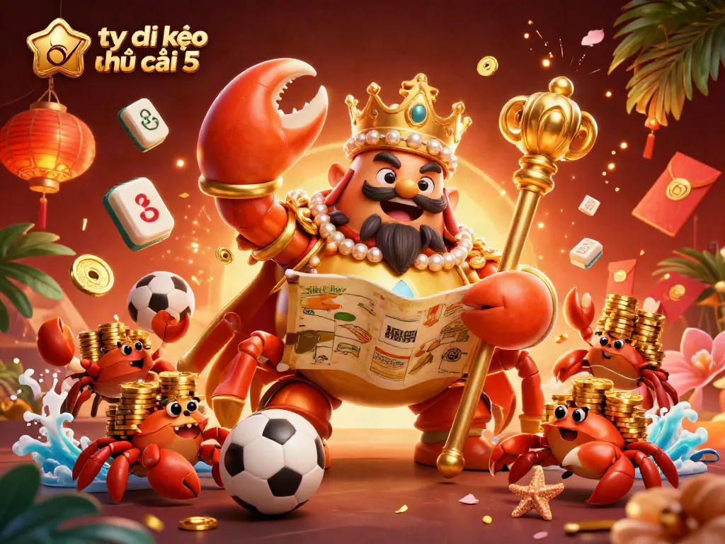 Engage with tỷ lệ kèo nhà cái 5 featuring a golden crab emperor amidst vibrant sports betting elements.