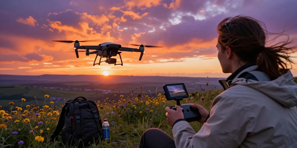 F168 drone captured in action during a vibrant sunset with a skilled pilot operating it, showcasing adventurous photography.
