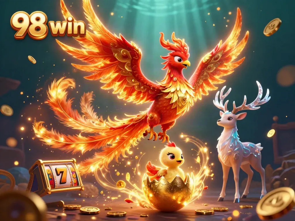 Experience thrilling wins at 98 win with a fiery phoenix soaring in a vibrant casino scene.