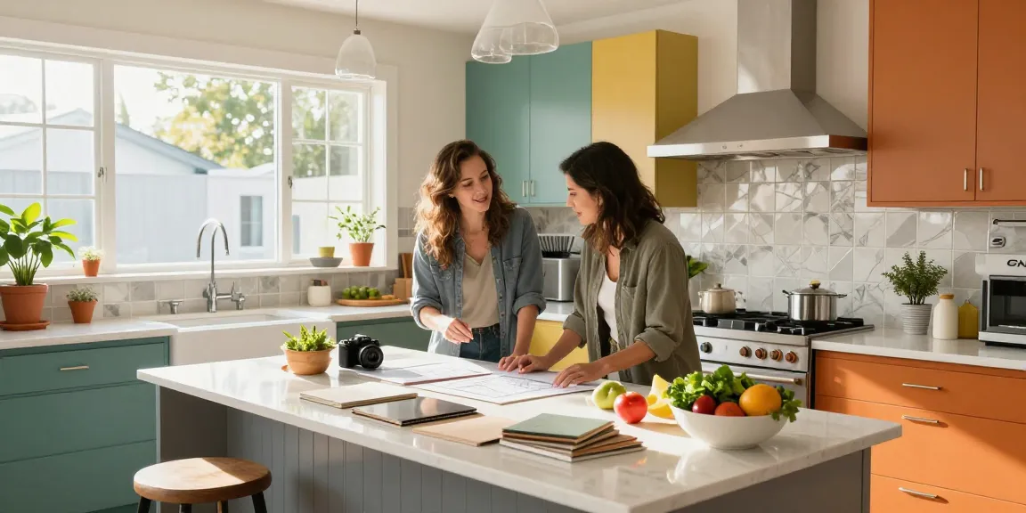 Kitchen remodeling in San Jose with designer discussing layouts and vibrant samples in a sunny home.