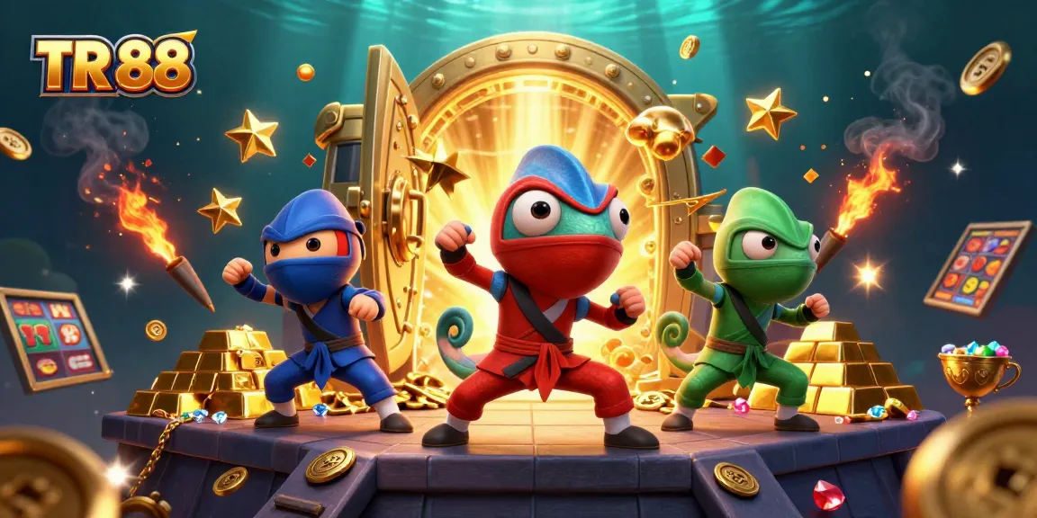 Experience dynamic gambling excitement with TR 88 as ninja chameleons celebrate with slots and treasures.