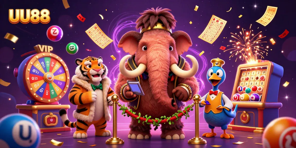 UU88 casino scene with a woolly mammoth bouncer and a saber-tooth tiger VIP amidst vibrant lottery elements.
