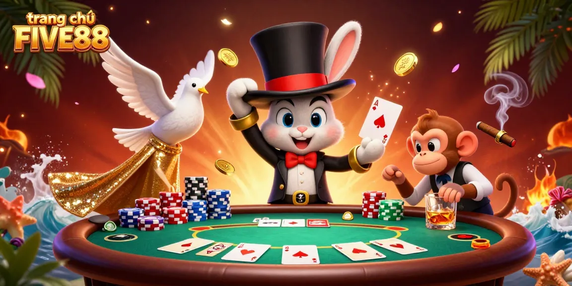 Engaging scene featuring magical characters celebrating at the trang chủ FIVE88 poker table with golden coins and colorful chips.