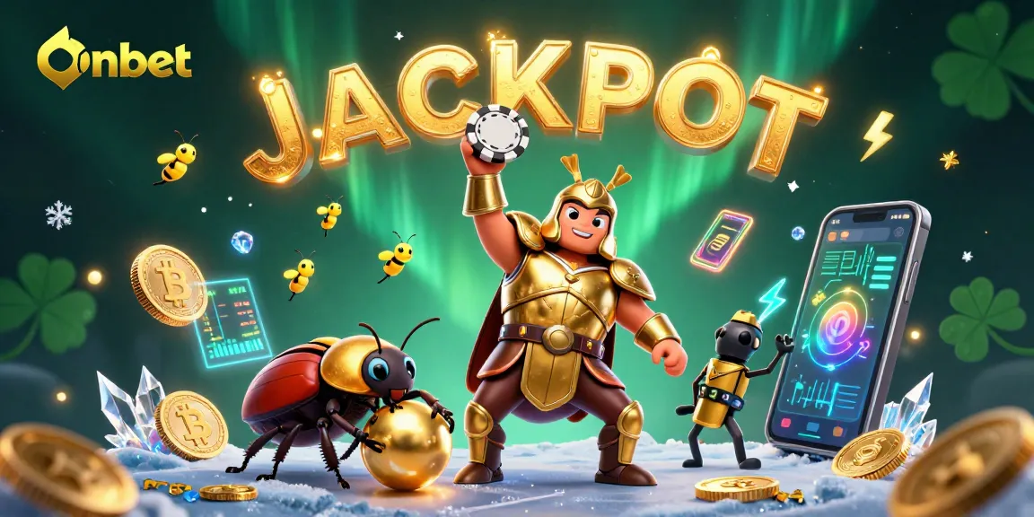Experience Onbet's thrilling casino adventure with beetles and a jackpot celebration amidst crypto elements.